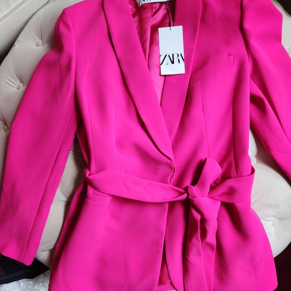 ZARA SET Tuxedo Collar Blazer Belted & Pants neon Fuschia: Sizes S,M,LBNWT - Picture 4 of 12